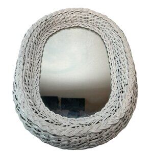 Vintage Oval Wicker Wall Mirror White Vanity Accent Rattan Boho Cottage 16"x12"